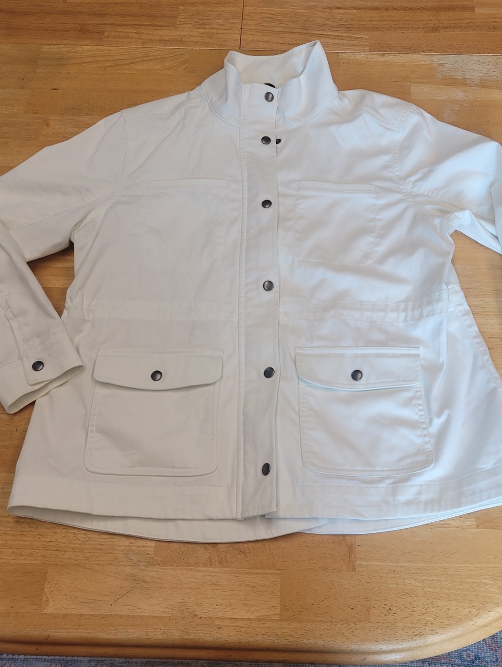 LL Bean Jacket White Chore Coat  Utility Style Drawstring Mock Neck Petite Large